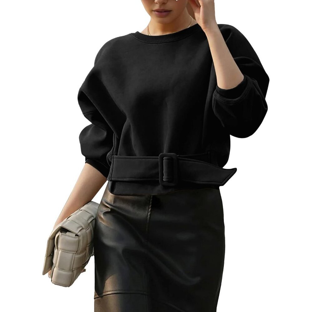 Womens Cropped Sweater Long Sleeves Belted Lace Up Crewneck Fall Outfit